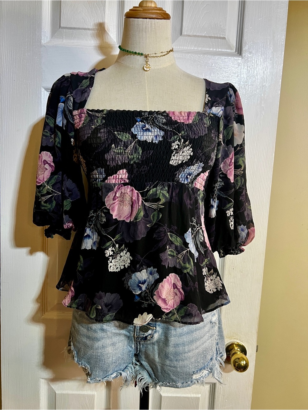 Nicholas Wms Silk Floral Smocked Peplum Balloon Sleeve Babydoll Peasant Top 0β